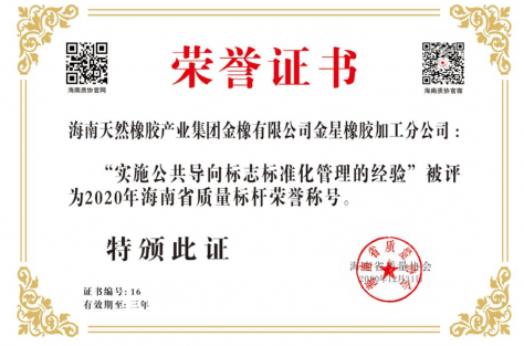 荣获“2020年海南省质量标杆称呼”